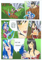 drawing comic black_hair color long_hair tongue blue_eyes clothed handheld cleavage story dress kneeling spell forest fox_girl licking_lips myvoreshort gorge