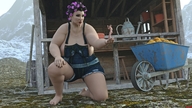 handheld barefoot huge_breasts bbw looking_down overalls outdoors rake drcreep digital_render hair_curlers wheelbarrow