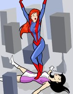 breasts drawing giantess city mega black_hair color destruction crossover posing gloves red_hair fighting giantesses costume lois_lane doom_patrol giant_girl inspector97 dc_comics mary_jane elasti-girl marvel_comics fusion