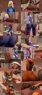 blonde comic butt_crush story sitting indoors dialogue digital_render overwatch d.va villmannreal ana_(overwatch)