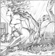 breasts giantess sexy mega swimsuit dinosaur boots fighting hair_pull