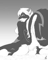 drawing giantess nude furry giga anthro monochrome long_hair sitting looking_down notbad621