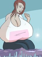 drawing giantess giga city color long_hair cleavage huge_breasts red_hair sitting looking_down outdoors caiman2