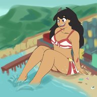 drawing giantess city black_hair color beach water ocean sitting sand splashing sihagen