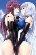 drawing color long_hair destruction airplane lesbians tower giantesses intimate holding_hands kantai_collection rakia murakumo hagikaze
