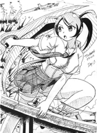 drawing giantess monochrome black_hair destruction twintails jets hank88 monorail senran_kagura tsubame