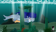 drawing giantess size_difference color blue_hair fang topless yellow_eyes underwater ruins monster_girl shark_girl sayerraider