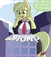drawing giantess furry tail anthro city color large_breasts buildings breast_crush green_hair heart tie looking_down suit dialogue hands_on_head my_little_pony looking_at_tiny yellow_skin unusual_pupils goattrain paigescribe mrrowboat heart_pupils sequioa