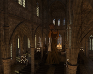 gentle giantess blonde clothed dress looking_down standing runswithferrets church digital_render pews