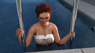breasts nipples gentle swimsuit wet smiling red_hair pool shrunken_man looking_down swimming digital_render mundogts