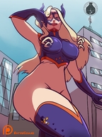 drawing giantess horns city blonde color low_angle looking_down my_hero_academia minoru_mineta mt._lady entrecoxas
