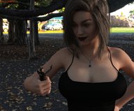 large_breasts long_hair handheld cleavage gun brunette park shrunken_man trees top digital_render giantess_lover45 police_officer