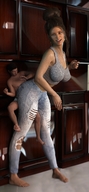 long_hair barefoot butt_crush jeans brunette domination smiling shrunken_man teasing naked_man top looking_at_viewer digital_render dofus59