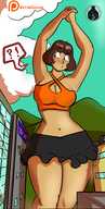 drawing giantess city color brunette short_hair stretching stuck entrecoxas