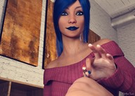 blue_eyes blue_hair shrunken_woman indoors looking_at_tiny digital_render innocent-owl