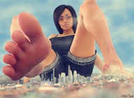 giantess city mega black_hair destruction barefoot glasses foot_crush shorts looking_down digital_render lexisizestuff innocent-owl