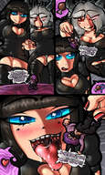 drawing panties vore blushing upskirt black_hair color tongue blue_eyes mouth handheld saliva red_eyes domination boots shrunken_woman teasing female_domination pre_vore grey_hair unwilling black_dress mspaintgts