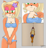 bikini drawing furry anthro comic color cleavage trapped coco_bandicoot crash_bandicoot between_breasts bandicoot barasma crash_bandicoot_(series)