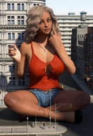 gentle giantess city blonde long_hair blue_eyes cleavage buildings sitting shorts necklace top sidewalk digital_render tinythea