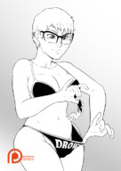 drawing giantess monochrome swimsuit glasses bulge shrunken_woman teasing spokle
