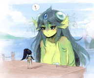 drawing giantess blushing color long_hair blue_eyes crossover blue_hair surprised looking_down green_skin skullgirls giga_mermaid shantae_half-genie_hero minette terupancake