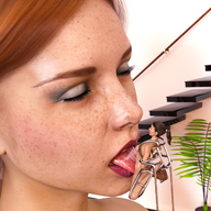 nude long_hair tongue licking oral brunette domination red_hair ponytail bondage shrunken_woman submissive freckles digital_render up_close gtstwist