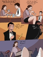 drawing growth gentle giantess comic color long_hair clothed huge_breasts brunette outgrowing_building story amazon dialogue drinks restaurant caiman2