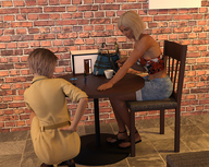 gentle blonde clothed dress sitting squatting sandals shorts table shrunken_man looking_down women standing runswithferrets top digital_render