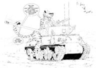 drawing gentle giantess tail monochrome large_breasts barefoot tank sitting cat_girl outdoors dialogue tiger_girl notbad621 maomi doomdutch