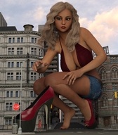 gentle giantess city blonde large_breasts long_hair blue_eyes clothed cleavage high_heels buildings dress squatting shorts pedicure digital_render onlooker tinythea