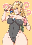 drawing giantess horns blonde color blue_eyes clothed handheld mario princess_peach shrunken nintendo bowser dangle super_mario_bros choker monster_girl earrings bracelet sharp_teeth uru gender_bender confused spiked_collar bowsette super_crown question_mark