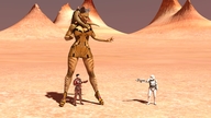 breasts giantess mega alien large_breasts armor clothed cleavage gun high_heels desert mini_giantess star_wars standing tentacles belt mini_skirt stormtrooper digital_render big-elsa first_order Mega lekku