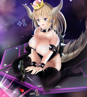 drawing horns tail blonde color blue_eyes sword cleavage crown bowser video_game gender_bender final_destination alice-magic bowsette super_crown link_(the_legend_of_zelda) super_smash_bros. super_smash_bros._melee