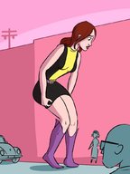 breasts drawing giantess city mega color skirt embarrassed red_hair boots parody freckles doom_patrol belt dc_comics mary_jane bare_legs elasti-girl spider-man marvel_comics the_wasp caiman2 earth_20052 fusion