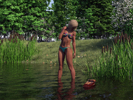 bikini gentle blonde beach cleavage navel shrunken_man looking_down lake forest boats runswithferrets wading digital_render