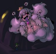 drawing giantess white_hair color tongue purple_eyes gloves ghost luigi super_mario_bros source_needed looking_at_tiny boo booette luigis_mansion super_crown