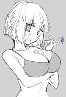 drawing giantess blonde monochrome large_breasts bra shrunken_man teasing looking_at_victim between_breasts swirly_eyes