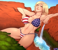bikini breasts drawing gentle giantess mega blonde color long_hair cleavage waterfall smiling navel forest resting outdoors sheela closed_eyes semi_nude cliff bare_legs jessica_nigri flag_bra bare_midriff bare_thighs