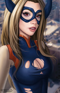 drawing giantess horns city blonde color large_breasts long_hair cleavage buildings standing costume looking_at_viewer ripped_clothing my_hero_academia mt._lady admdraws semi_realism