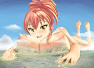 drawing giantess nude giga city color large_breasts destruction breast_crush yellow_eyes red_hair lying_down iodain