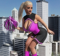 giantess city blonde large_breasts long_hair blue_eyes clothed cleavage skirt buildings ponytail cheerleader bending_over standing top looking_at_viewer digital_render pom-poms tinythea