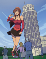 drawing gentle giantess color long_hair clothed cleavage skirt shoes brunette onlookers leaning_tower_of_pisa zerohour99