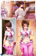 drawing panties comic color blue_eyes shrinking brunette navel pants dressing sweater shirt bare_midriff shrinkfan