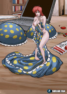 breasts drawing nipples panties color long_hair barefoot bra green_eyes red_hair shrunken_woman standing laptop shrinkfan