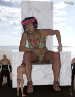 bikini giantess black_hair long_hair butt barefoot cleavage domination sitting navel queen looking_down naked_man flowers spawngts digital_render