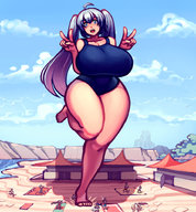 drawing giantess color long_hair swimsuit blue_eyes barefoot huge_breasts foot_crush ponytails standing onlookers gareit0
