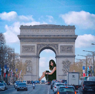 gentle giantess collage black_hair long_hair clothed asian street dress sitting vehicles looking_at_viewer arc_de_triomphe kyojingirls
