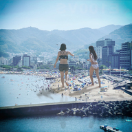 bikini giantess collage mega black_hair long_hair butt beach asian shorts walking giantesses women onlookers kyojingirls