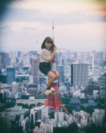 giantess collage city helicopter climbing brunette asian tower tokyo_tower looking_at_viewer kyojingirls