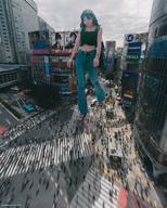 gentle giantess collage city black_hair long_hair clothed buildings jeans smiling asian street sandals walking onlookers top looking_at_viewer kyojingirls